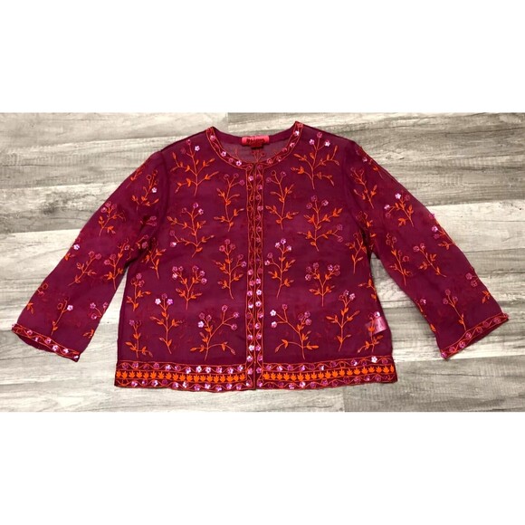 Monsoon Basic Blouse Women's 10 Red Floral Embroidery Sequin 100% Silk Floral - Picture 1 of 7
